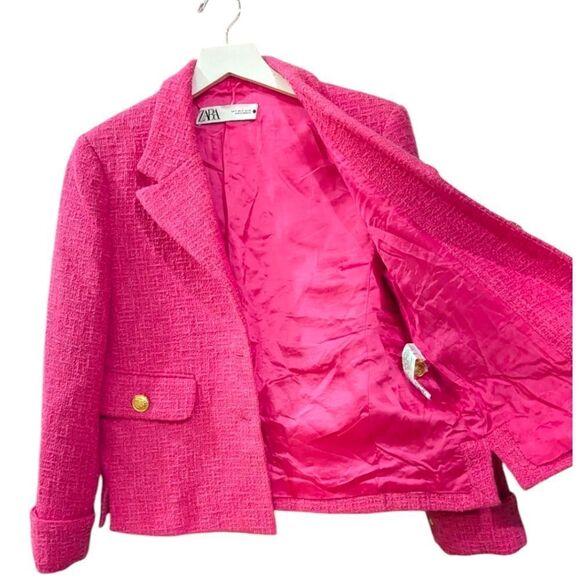 Zara Women's S Pink Fuchsia Tweed Textured Weave Blazer with Gold Buttons Accent - Picture 8 of 11